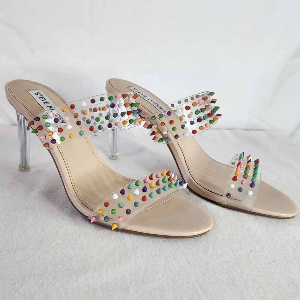 STEVE MADDEN Bubbly Studded Clear Strap Mules Heels Nude Beige Size 7M